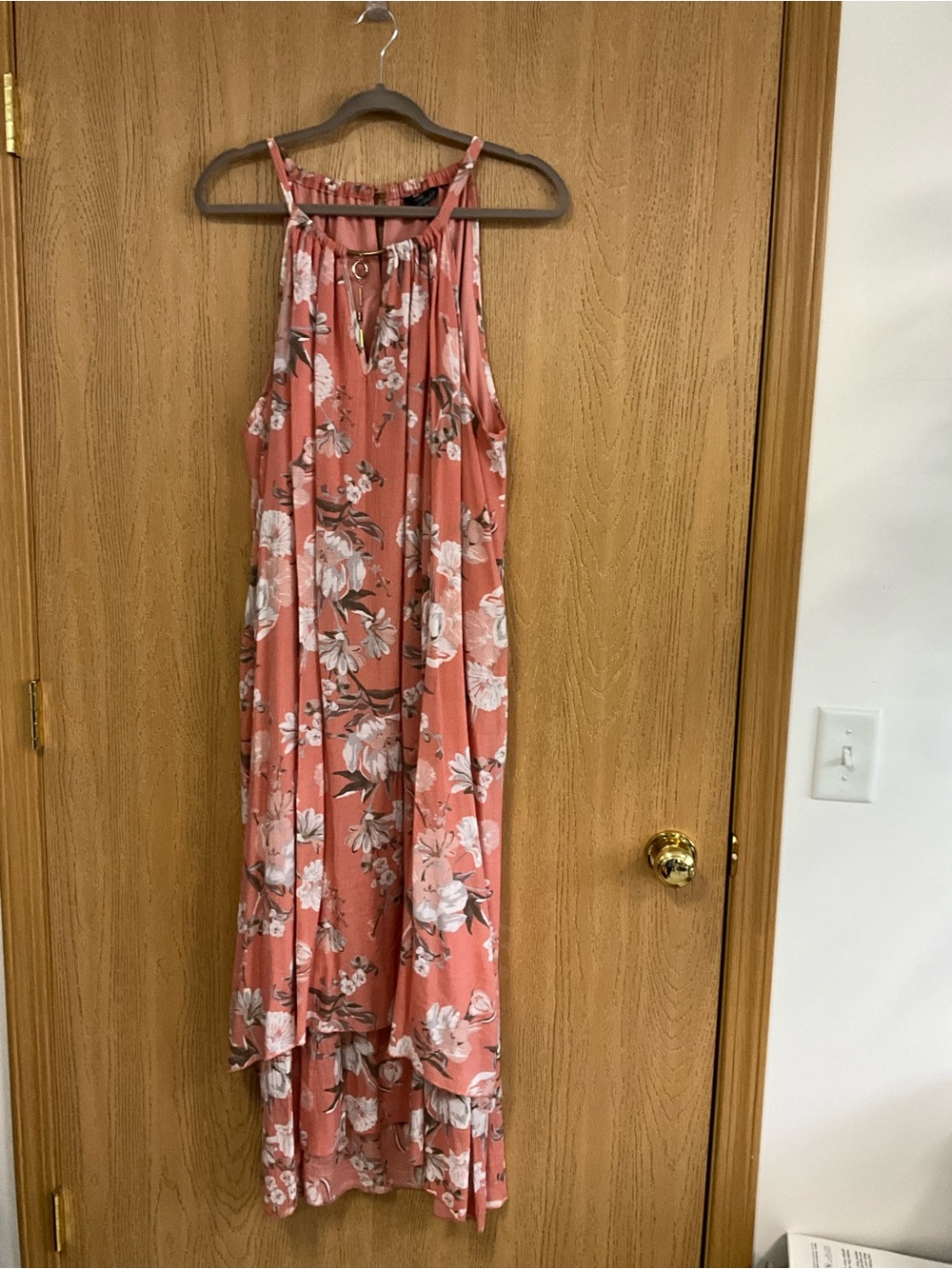 Mlle Gabrielle Coral Pink Floral High-Low Halter Maxi Dress